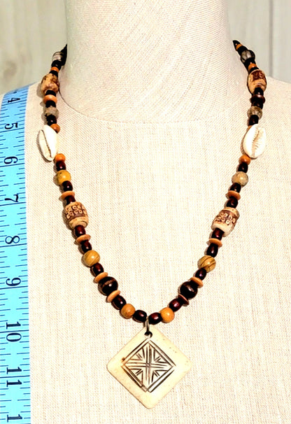 Carved Bone Pendant: Red Tiger Eye, Jasper, Bone & Shell