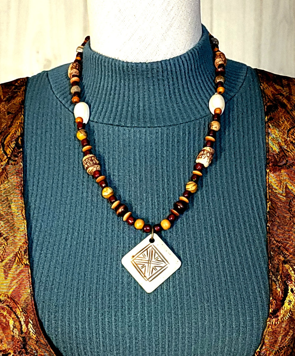 Carved Bone Pendant: Red Tiger Eye, Jasper, Bone & Shell