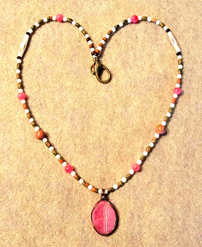 Rhodochrosite Cabochon. Unakite, Rose Quartz, Garnet & Bone