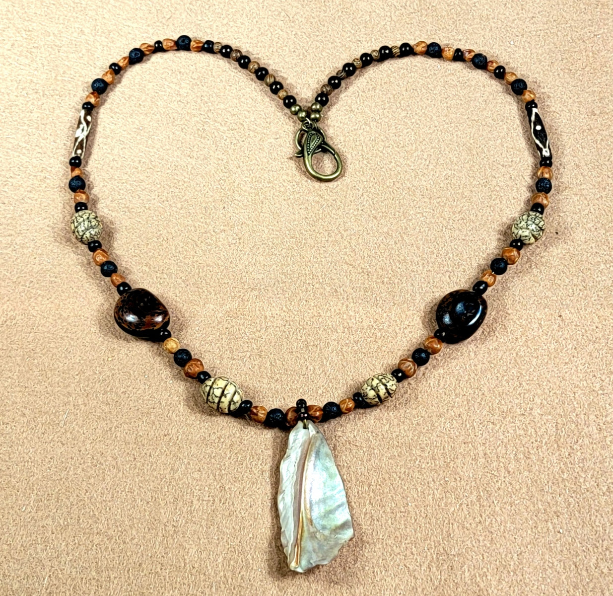 Abalone Shell Pendant:  Kukui Nut, Lava, Bone & Seed