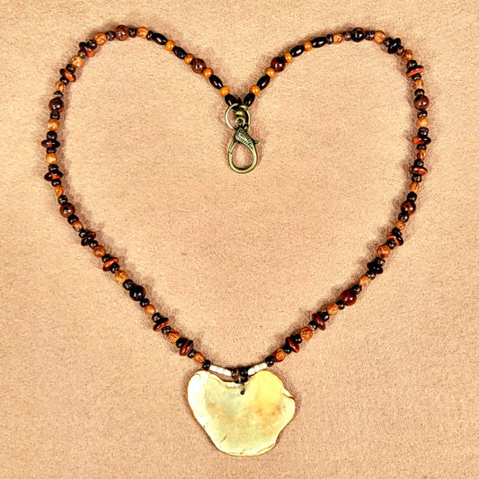 Shell Pendant:  Carnelian, Red Tiger Eye, Mahogany Obsidian, Bone & Seed