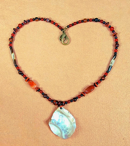 Shell Pendant:  Red Tiger Eye, Mahogany Obsidian,Carnellian,Bone, Wood & Seed