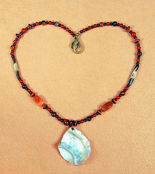Shell Pendant:  Red Tiger Eye, Mahogany Obsidian,Carnellian,Bone, Wood & Seed