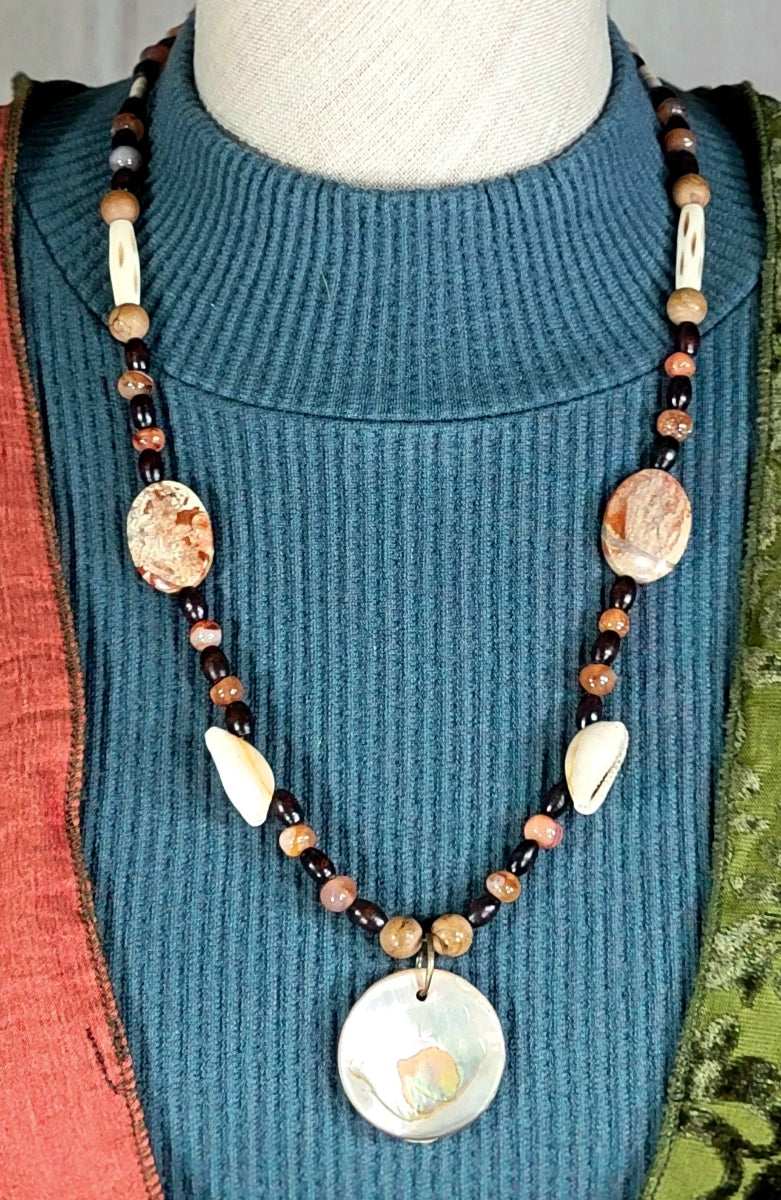 Mother Of Pearl Button Pendant:  Carnelian, Cappuccino Jasper, Bone & Shell