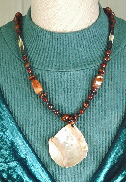 Shell Pendant:  Red Tiger Eye, Mahogany Obsidian,Carnellian,Bone, Wood & Seed