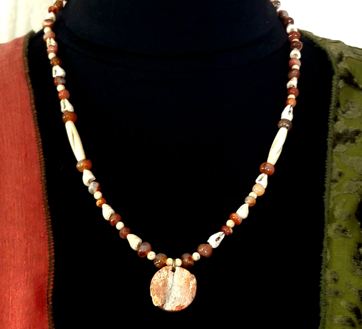 Mother of Pearl Button Pendant:  Agate, Bone, Shell & Seed